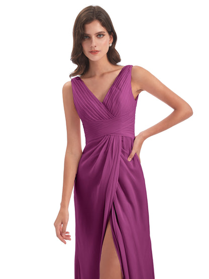 Sheath-Column Floor Length V Neck Chiffon Long Bridesmaid Dresses
