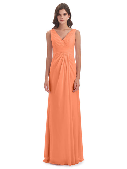 Sheath-Column Floor Length V Neck Chiffon Long Bridesmaid Dresses