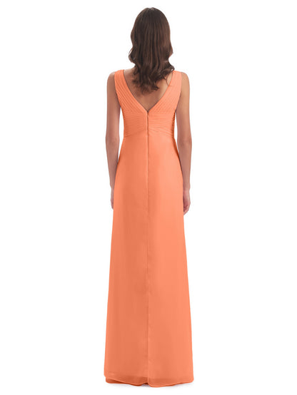 Sheath-Column Floor Length V Neck Chiffon Long Bridesmaid Dresses