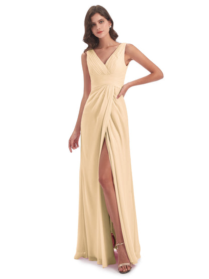 Sheath-Column Floor Length V Neck Chiffon Long Bridesmaid Dresses