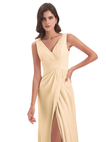 Sheath-Column Floor Length V Neck Chiffon Long Bridesmaid Dresses
