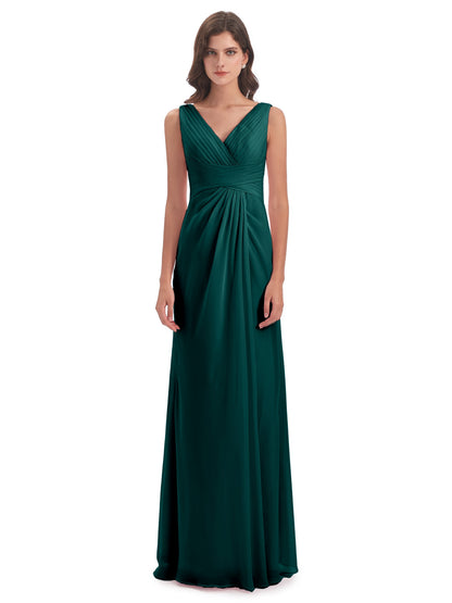 Sheath-Column Floor Length V Neck Chiffon Long Bridesmaid Dresses