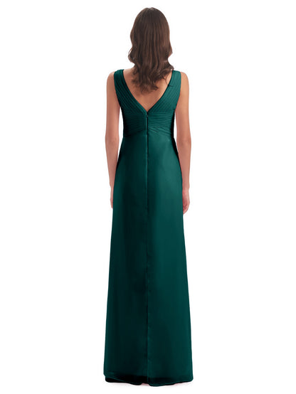 Sheath-Column Floor Length V Neck Chiffon Long Bridesmaid Dresses