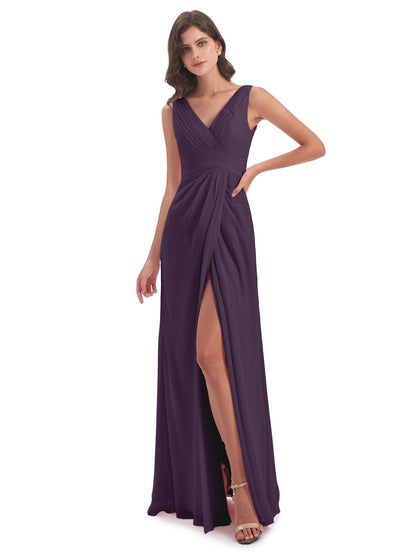 Sheath-Column Floor Length V Neck Chiffon Long Bridesmaid Dresses
