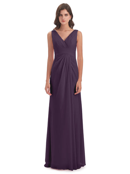 Sheath-Column Floor Length V Neck Chiffon Long Bridesmaid Dresses