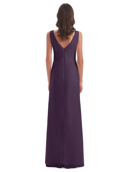 Sheath-Column Floor Length V Neck Chiffon Long Bridesmaid Dresses