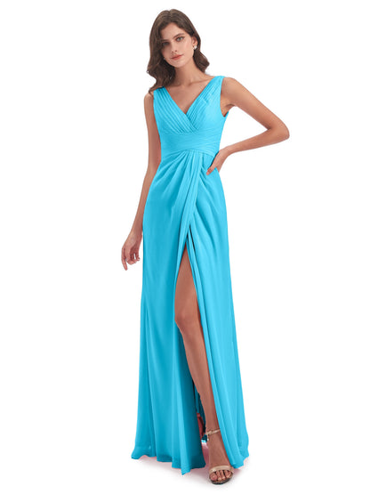 Sheath-Column Floor Length V Neck Chiffon Long Bridesmaid Dresses