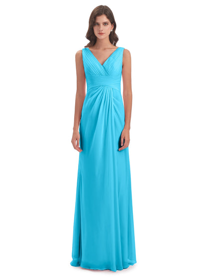 Sheath-Column Floor Length V Neck Chiffon Long Bridesmaid Dresses