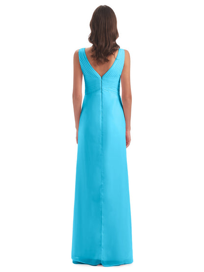 Sheath-Column Floor Length V Neck Chiffon Long Bridesmaid Dresses