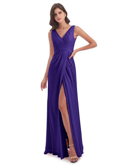Sheath-Column Floor Length V Neck Chiffon Long Bridesmaid Dresses