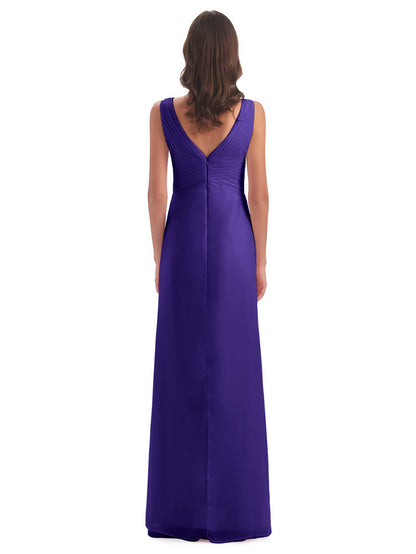 Sheath-Column Floor Length V Neck Chiffon Long Bridesmaid Dresses