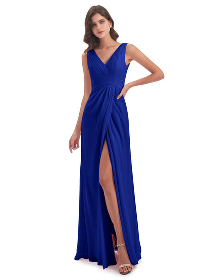Sheath-Column Floor Length V Neck Chiffon Long Bridesmaid Dresses