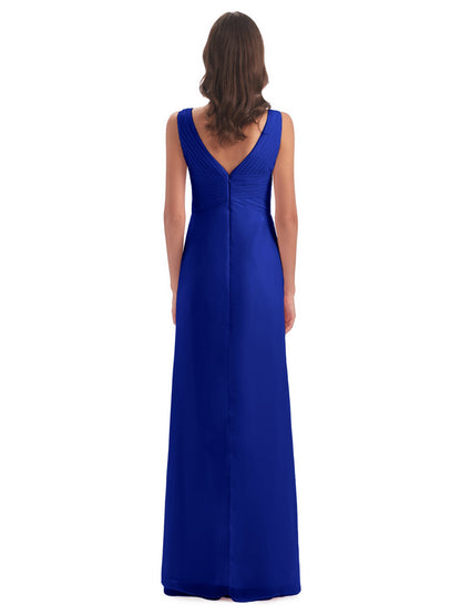 Sheath-Column Floor Length V Neck Chiffon Long Bridesmaid Dresses