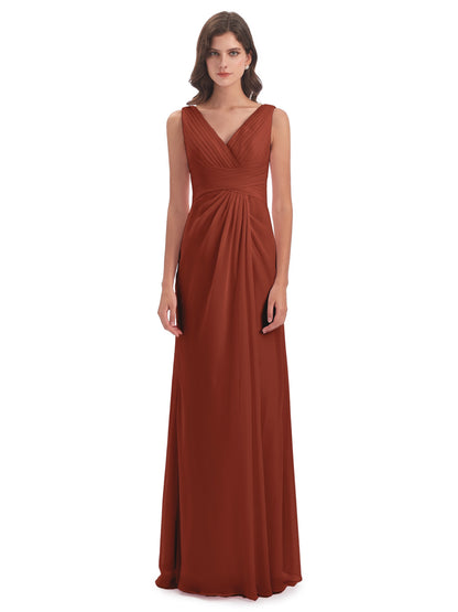 Sheath-Column Floor Length V Neck Chiffon Long Bridesmaid Dresses