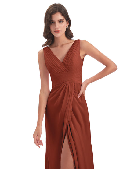 Sheath-Column Floor Length V Neck Chiffon Long Bridesmaid Dresses