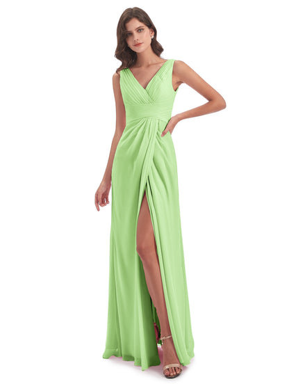 Sheath-Column Floor Length V Neck Chiffon Long Bridesmaid Dresses