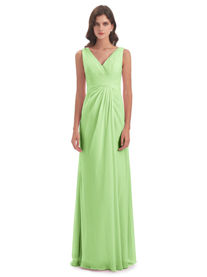 Sheath-Column Floor Length V Neck Chiffon Long Bridesmaid Dresses