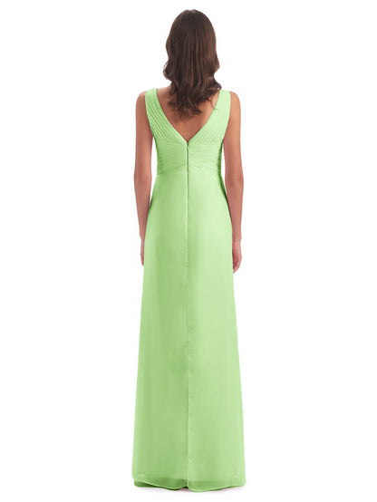 Sheath-Column Floor Length V Neck Chiffon Long Bridesmaid Dresses