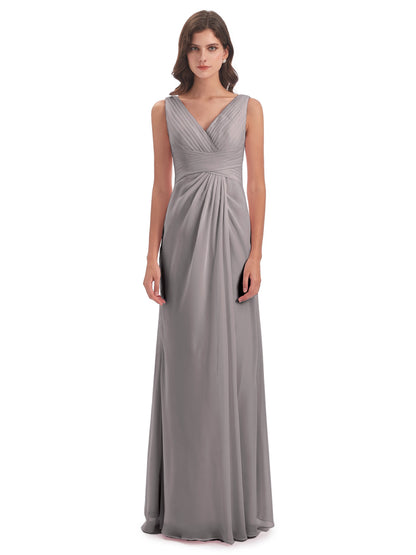 Sheath-Column Floor Length V Neck Chiffon Long Bridesmaid Dresses