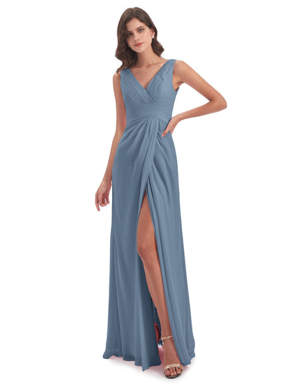 Sheath-Column Floor Length V Neck Chiffon Long Bridesmaid Dresses