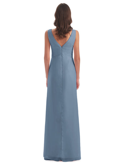 Sheath-Column Floor Length V Neck Chiffon Long Bridesmaid Dresses