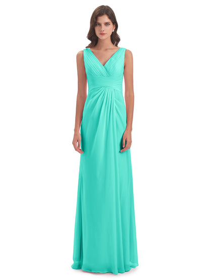 Sheath-Column Floor Length V Neck Chiffon Long Bridesmaid Dresses