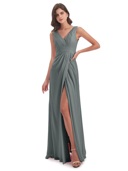 Sheath-Column Floor Length V Neck Chiffon Long Bridesmaid Dresses