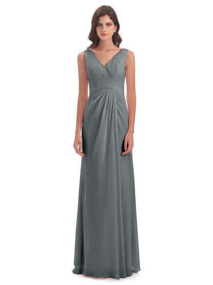 Sheath-Column Floor Length V Neck Chiffon Long Bridesmaid Dresses