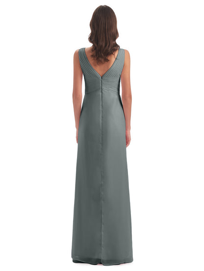 Sheath-Column Floor Length V Neck Chiffon Long Bridesmaid Dresses