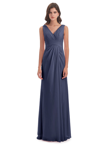 Sheath-Column Floor Length V Neck Chiffon Long Bridesmaid Dresses