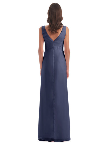 Sheath-Column Floor Length V Neck Chiffon Long Bridesmaid Dresses