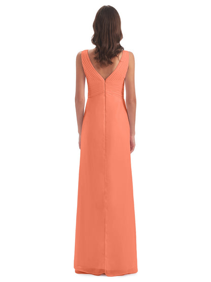 Sheath-Column Floor Length V Neck Chiffon Long Bridesmaid Dresses