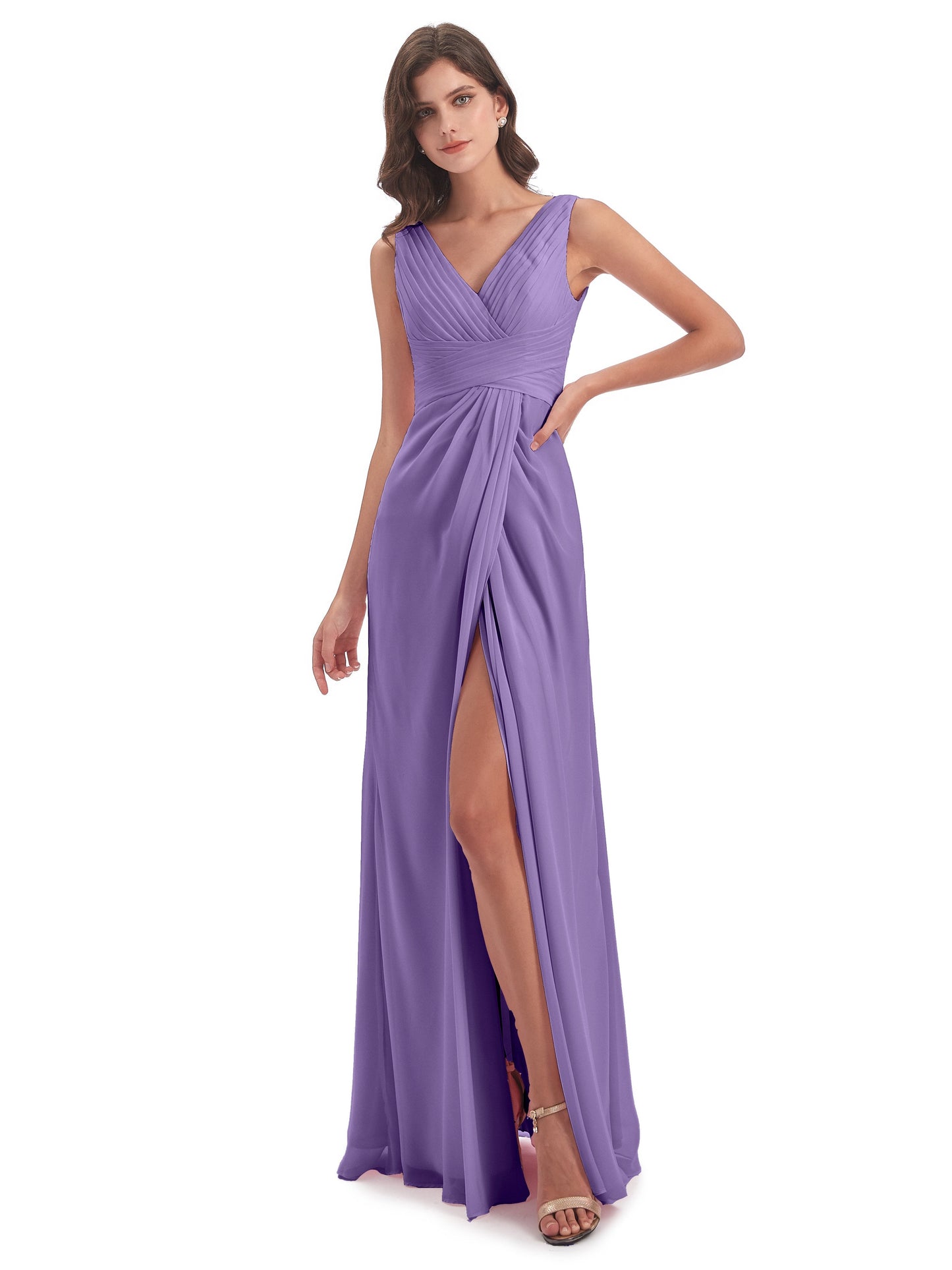 Sheath-Column Floor Length V Neck Chiffon Long Bridesmaid Dresses