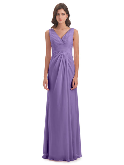 Sheath-Column Floor Length V Neck Chiffon Long Bridesmaid Dresses