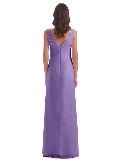 Sheath-Column Floor Length V Neck Chiffon Long Bridesmaid Dresses