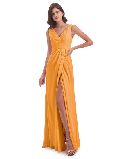 Sheath-Column Floor Length V Neck Chiffon Long Bridesmaid Dresses