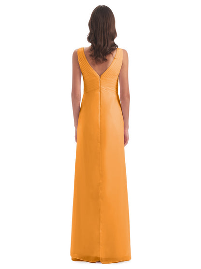 Sheath-Column Floor Length V Neck Chiffon Long Bridesmaid Dresses