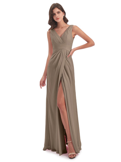 Sheath-Column Floor Length V Neck Chiffon Long Bridesmaid Dresses