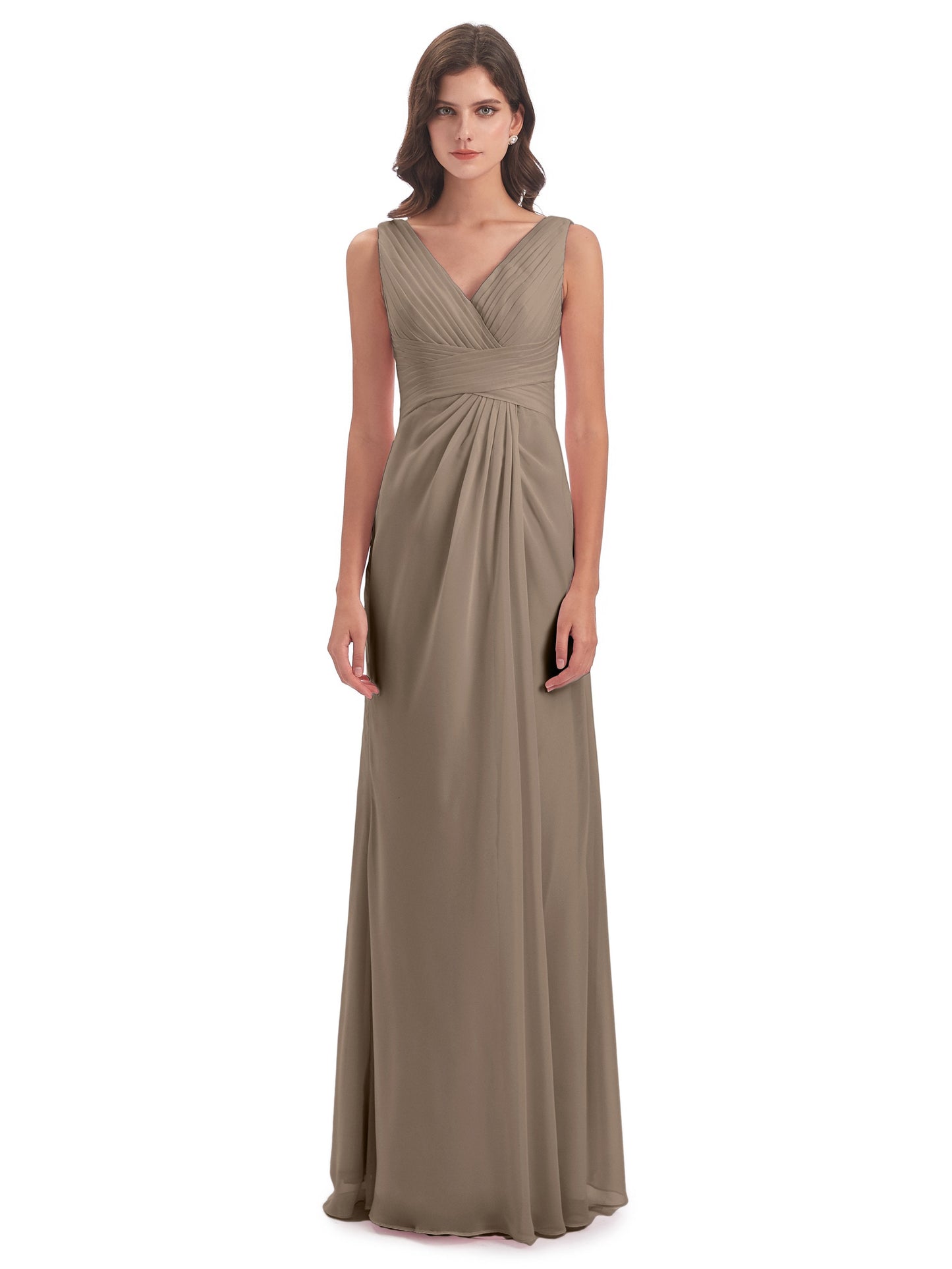 Sheath-Column Floor Length V Neck Chiffon Long Bridesmaid Dresses