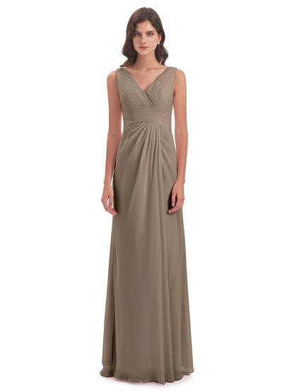 Sheath-Column Floor Length V Neck Chiffon Long Bridesmaid Dresses
