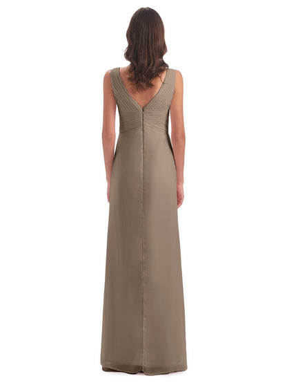 Sheath-Column Floor Length V Neck Chiffon Long Bridesmaid Dresses