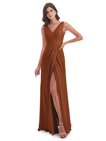 Sheath-Column Floor Length V Neck Chiffon Long Bridesmaid Dresses