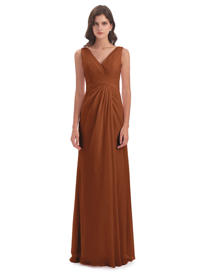 Sheath-Column Floor Length V Neck Chiffon Long Bridesmaid Dresses