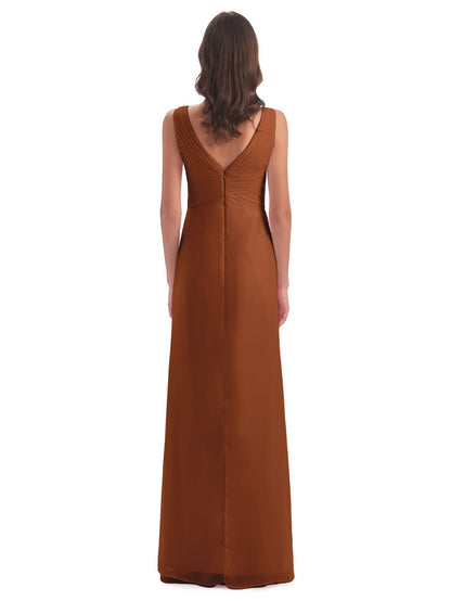 Sheath-Column Floor Length V Neck Chiffon Long Bridesmaid Dresses