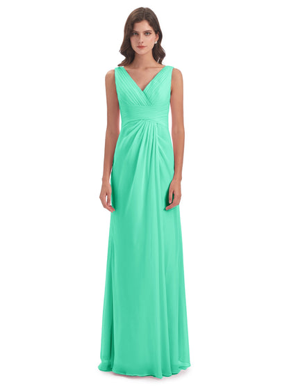 Sheath-Column Floor Length V Neck Chiffon Long Bridesmaid Dresses