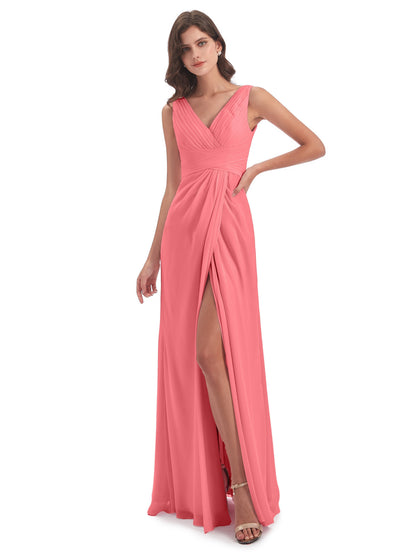 Sheath-Column Floor Length V Neck Chiffon Long Bridesmaid Dresses