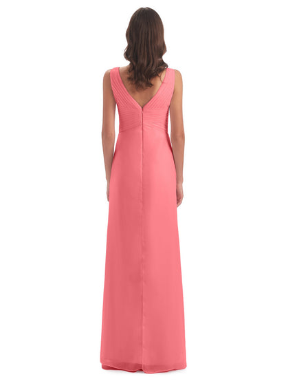 Sheath-Column Floor Length V Neck Chiffon Long Bridesmaid Dresses