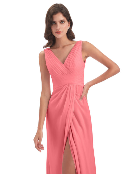 Sheath-Column Floor Length V Neck Chiffon Long Bridesmaid Dresses