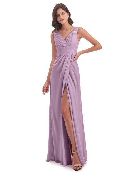 Sheath-Column Floor Length V Neck Chiffon Long Bridesmaid Dresses