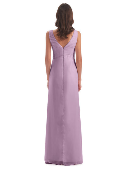 Sheath-Column Floor Length V Neck Chiffon Long Bridesmaid Dresses